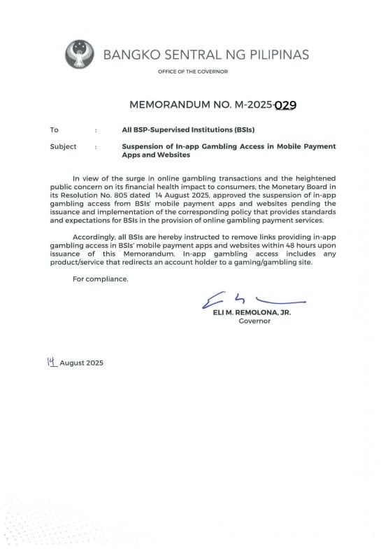 BSP Memorandum No. M-2025-029 ordering BSIs to suspend in-app access to online gambling sites
